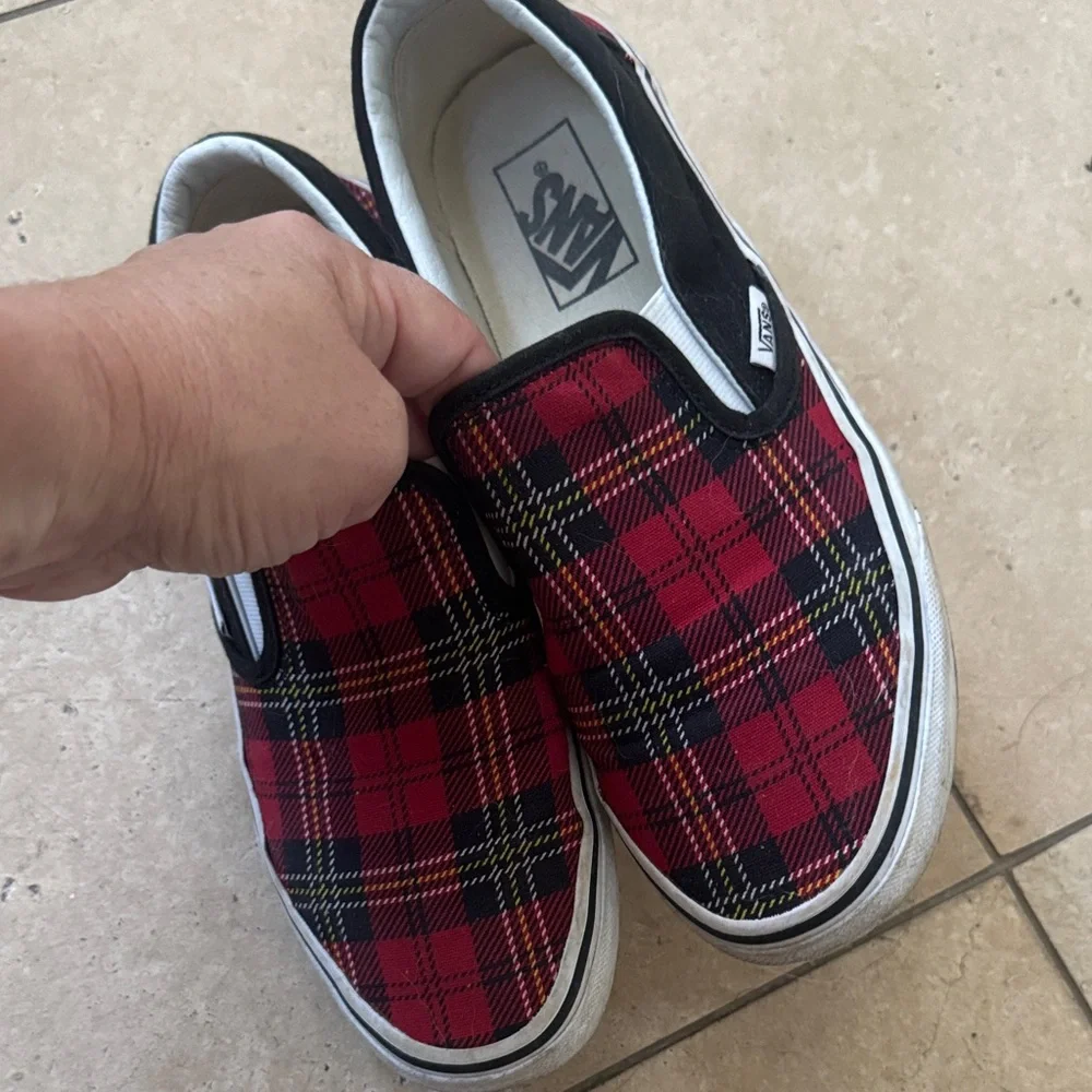 Vans Red and Black Plaid Slip-On Sneakers - Picture 5 of 6